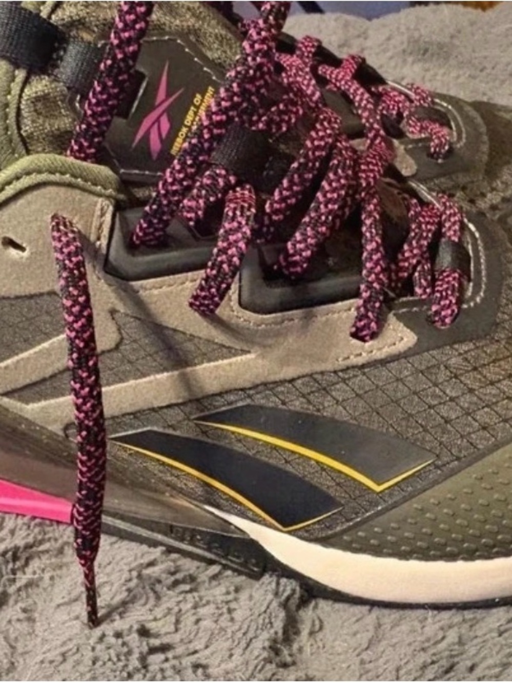 Reebok Nano X2 Women’s Khaki Athletic Shoes with Pink Laces
